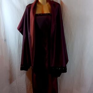Ann Taylor Loft Womens 12 Satin Dress Burgundy Red Midi Bead Trim w/Wrap Holiday